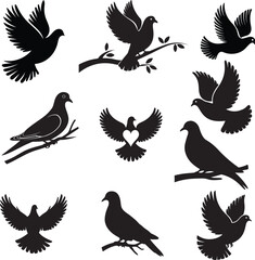 Collection of dove silhouette. Set dove of peace silhouette isolated on white background. 