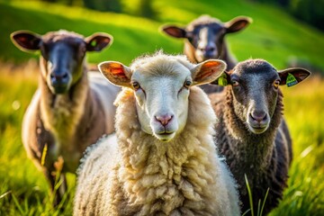 Obraz premium Close-Up of Charming Sheep in Pasture: One Black Sheep Among Three White Sheep in a Serene Green Grass Landscape Under a Clear Blue Sky