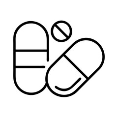 medicine pill icon, fitness vector icon, health vector illustration - black outline icon of medicine pill symbolizing fitness, health, and healthcare in simple design.