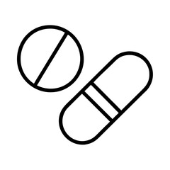 medicine pill icon, fitness vector icon, health vector illustration - black outline icon of medicine pill symbolizing fitness, health, and healthcare in simple design.