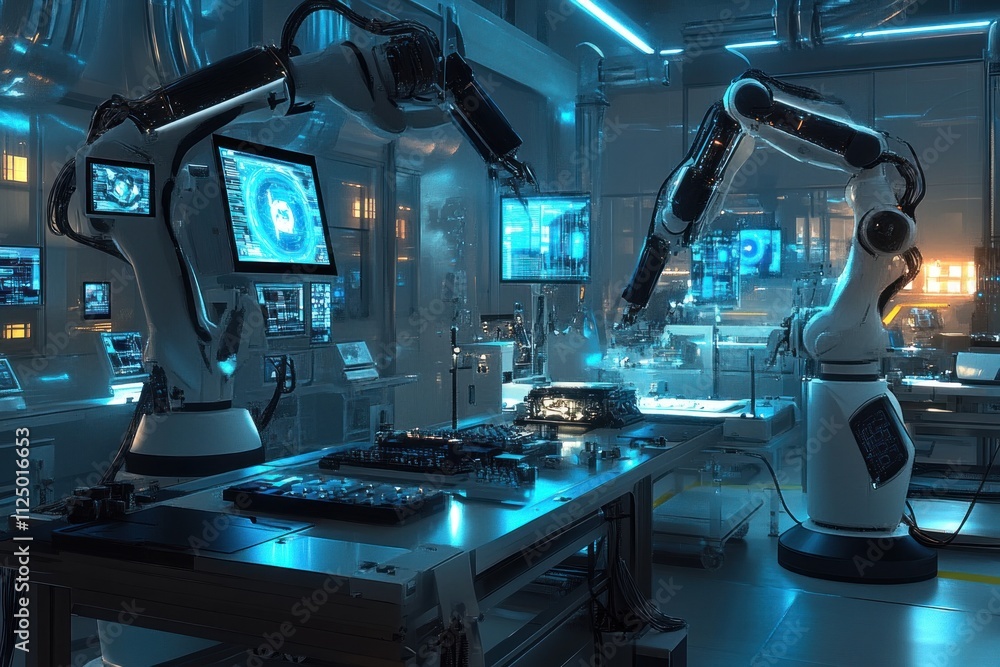 Poster futuristic robotic laboratory with advanced technology and machinery.