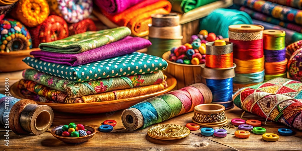 Aufkleber close-up of colorful fabric from a sewing kit with detailed textures and patterns showcasing a high 