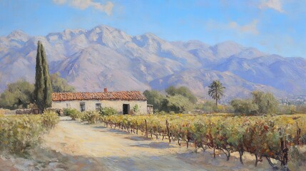 Serene Vineyard Landscape in Mountainous Setting