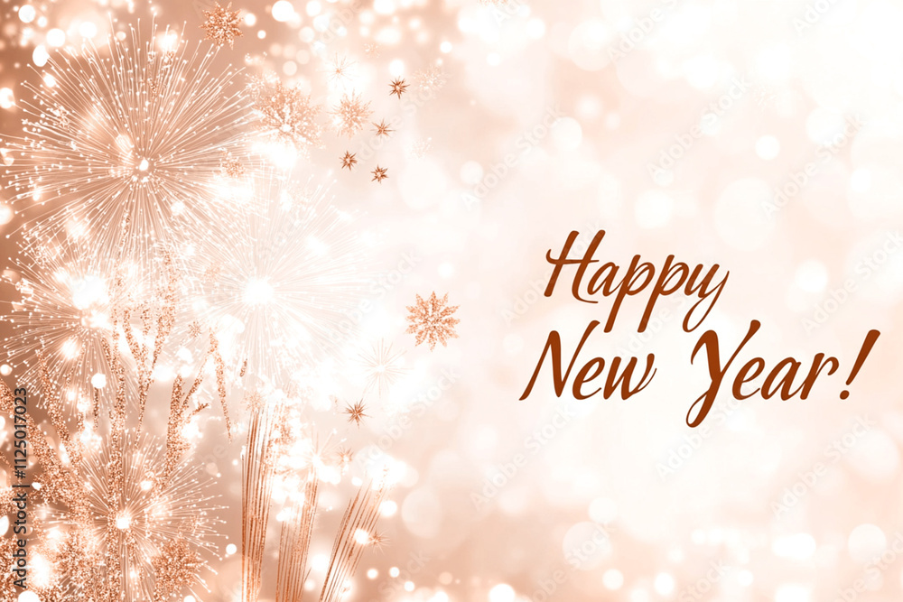Poster happy new year greeting with sparkling fireworks, bokeh lights, and snowflakes in soft mocha tones c