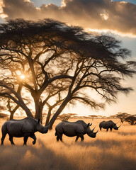 Obraz premium a group of safari animals, living peacefully, safari wildlife, rhino under tree, peaceful wildlife scene, rhino resting, animals in harmony, wild animals in nature, safari animals together, tranquil 