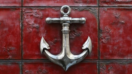 Decorative metallic anchor mounted on a textured red wall
