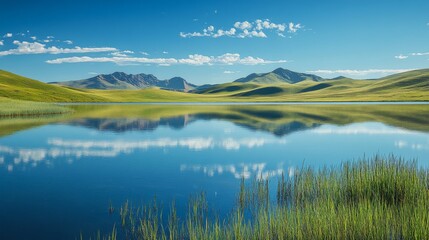 Obraz premium Serene Mountain Lake Reflecting Sky And Hills