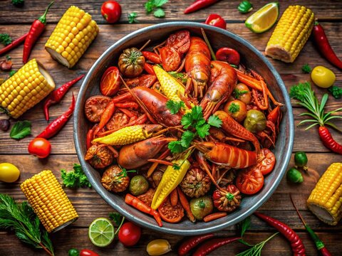 Close-Up of Delicious Viet Cajun Crawfish and Seafood Boil with Vibrant Spices and Ingredients in a Rustic Setting, Perfect for Food Lovers and Culinary Enthusiasts