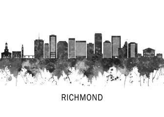 Fototapeta premium Richmond Virginia Skyline BW, abstract painting travel illustration urban art modern downtown landmarks skyscrapers colorful artwork architecture