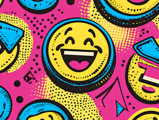 Vibrant Pop Art Pattern of Laughing Emojis with Dynamic Colorful Shapes