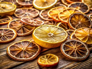 Closeup of Dried Lemon Slices on Rustic Wooden Table for Culinary and Decorative Purposes, Showcasing Texture and Natural Patterns in a Candid Photography Style