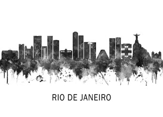 Obraz premium Rio de Janeiro Skyline BW, abstract painting travel illustration urban art modern downtown landmarks skyscrapers colorful artwork architecture