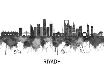 Fototapeta premium Riyadh Saudi Arabia Skyline BW, abstract painting travel illustration urban art modern downtown landmarks skyscrapers colorful artwork architecture