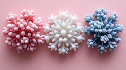 Fototapeta premium Decorative snowflakes in pink, white, and blue on a pastel background