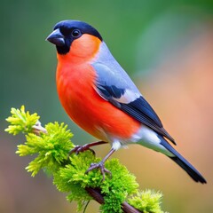 Obraz premium A Unique Moment: A Bullfinch on a Branch – How Nature Brings Us Peace. 