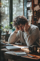 Fototapeta premium Stressed individual with a messy workspace, trying to focus