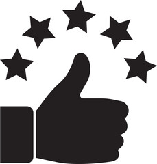 Thumb up with five stars icon in flat style, representing a high rating or positive feedback. Perfect for review or business marketing material. Satisfaction sign isolated on transparent background.