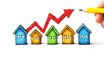 A hand-drawn representation of colorful houses with an upward trending graph, symbolizing increasing real estate values or market growth.
