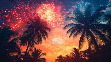 fire cracker above the trees at night to celebrate new year 