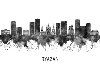 Fototapeta premium Ryazan Russia Skyline BW, abstract painting travel illustration urban art modern downtown landmarks skyscrapers colorful artwork architecture