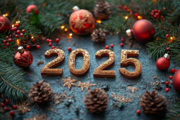 Sign that says "2025" in gold letters and christmas ornaments on blue background. Happy New Year