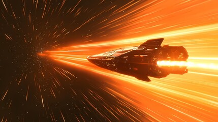 Futuristic spaceship soaring through a vibrant wormhole, emitting bright orange trails of light.