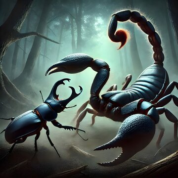 Scorpion with a very poisonous tail fighting with a hercules beetle, background in a dark forest with a creepy atmospher