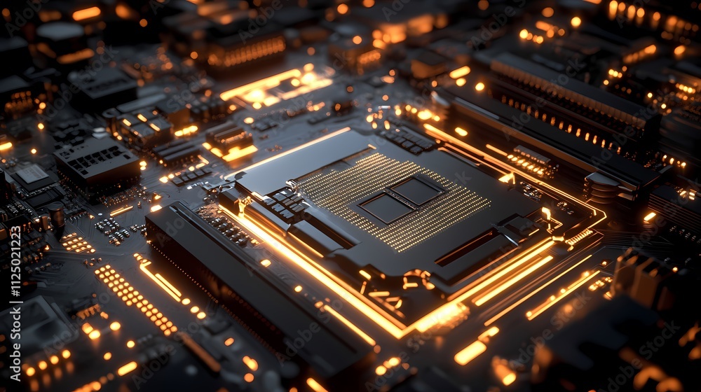 Poster aerial view of a glowing computer circuit board with a central processor, showcasing intricate detai