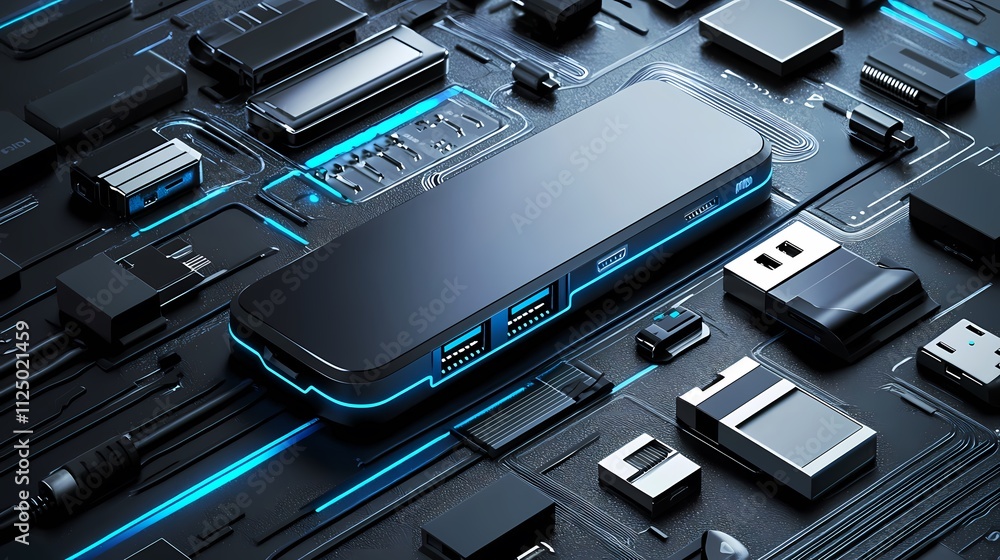 Poster a sleek black usb hub highlighted with blue led accents, surrounded by various tech components on a 