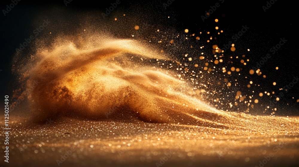 Poster golden sand exploding in a dark setting