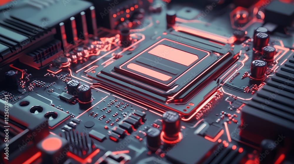 Poster close-up of a modern circuit board showcasing intricate components and glowing circuits in red and b