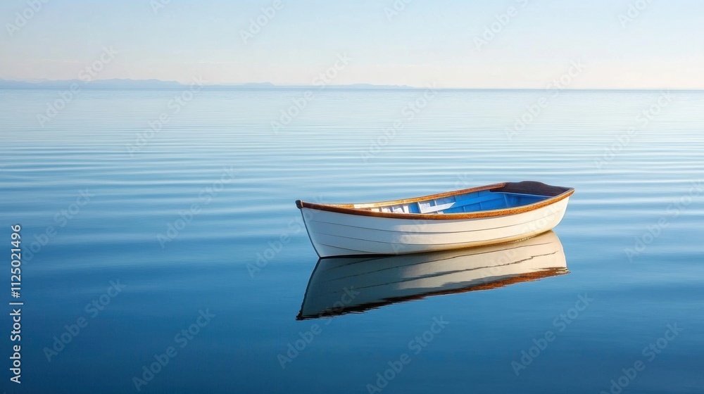 Poster a small boat rests peacefully on the smooth surface of calm water, reflecting the serene surrounding