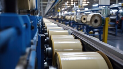 Tape manufacturing line, large rolls of adhesive tape unwound, slit into narrower strips, then rewound onto smaller spools