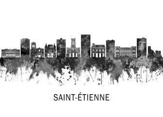 Fototapeta premium Saint-Étienne France Skyline BW, cityscape landscape watercolor abstract painting splash travel art illustration graphic design urban art modern downtown