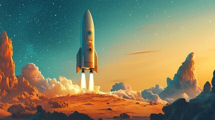 Obraz premium A silver rocket launches into a vibrant sunset sky, fueled with ambition and adventure, highlighting the beauty of space exploration.