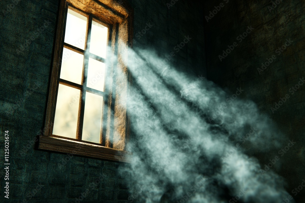 Poster A 3D-rendered image of a dusty old room, with light streaming through broken windows and particles suspended in the air