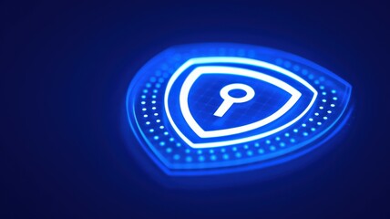A glowing blue shield icon featuring a key symbol, representing digital security and protection.