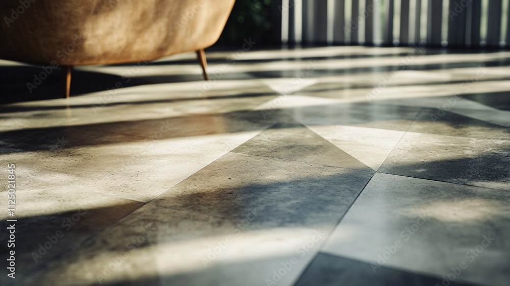 Aufkleber sunlight creating geometric shadows on modern tiled floor