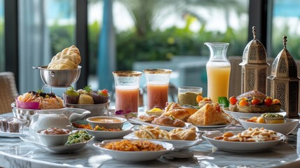 A festive Ramadan Iftar table, filled with Saudi dishes like Sambusa, soups, and fresh juices 