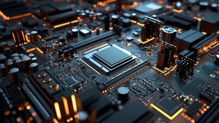 Close-up of a modern microchip on a circuit board, featuring intricate pathways and glowing elements.