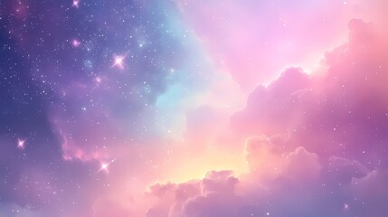 Fototapeta premium A dreamy cosmic landscape filled with pastel colors, soft clouds, and sparkling stars.