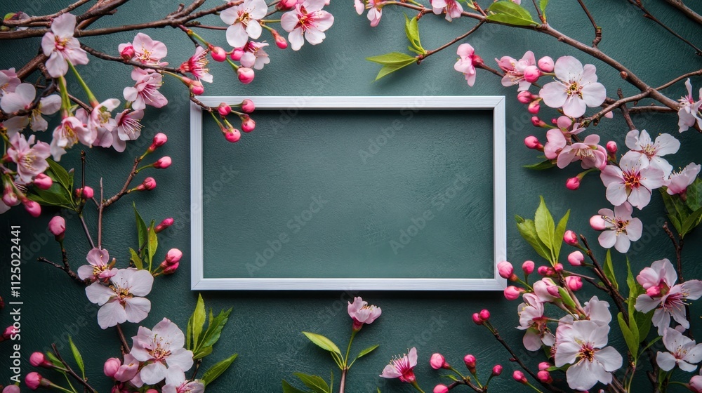 Poster dynamic cherry blossom flower branch border frame on elegant clean background - inviting setup for d