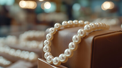 pearl necklace on a table