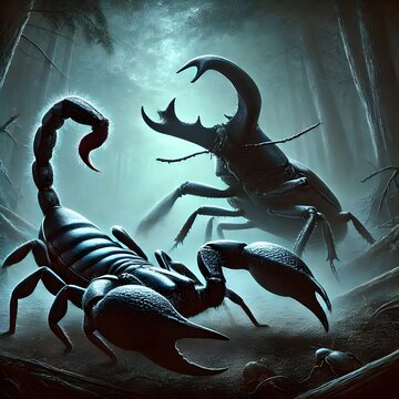Scorpion with a very poisonous tail fighting with a hercules beetle, background in a dark forest with a creepy atmospher
