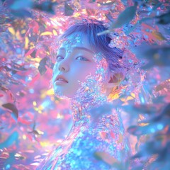 A futuristic-style girl with vibrant pastel-colored foil-textured skin, reflecting light in shimmering hues of pink, blue, and gold
