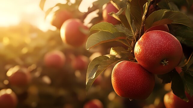 Close-up of ripe red apples hanging on a sunlit branch in an orchard.