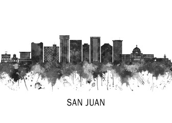 Fototapeta premium San Juan Puerto Rico Skyline BW, cityscape landscape watercolor abstract painting splash travel art illustration graphic design urban art modern downtown