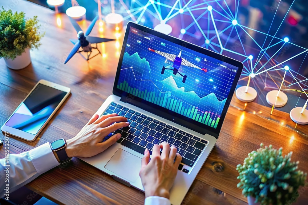 Poster closeup of hands typing on a laptop surrounded by dynamic data visualizations in a modern workspace,