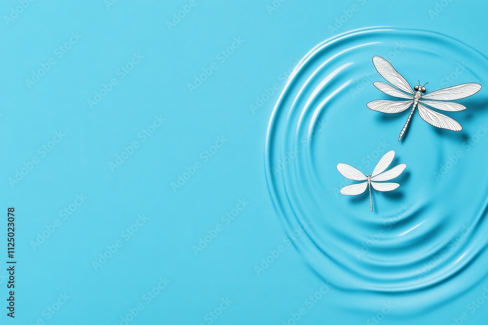 Poster a clean design of a dragonfly resting on a small ripple of water, illustrated in soft tones and mini