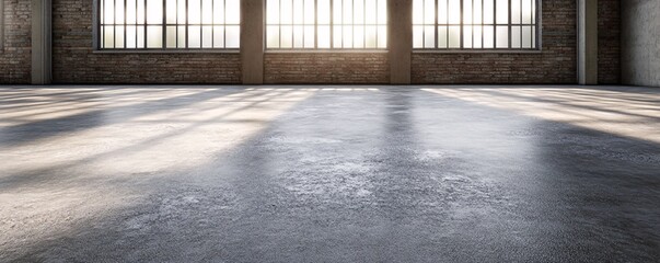 Empty industrial loft with concrete floor and large windows receiving sunlight
